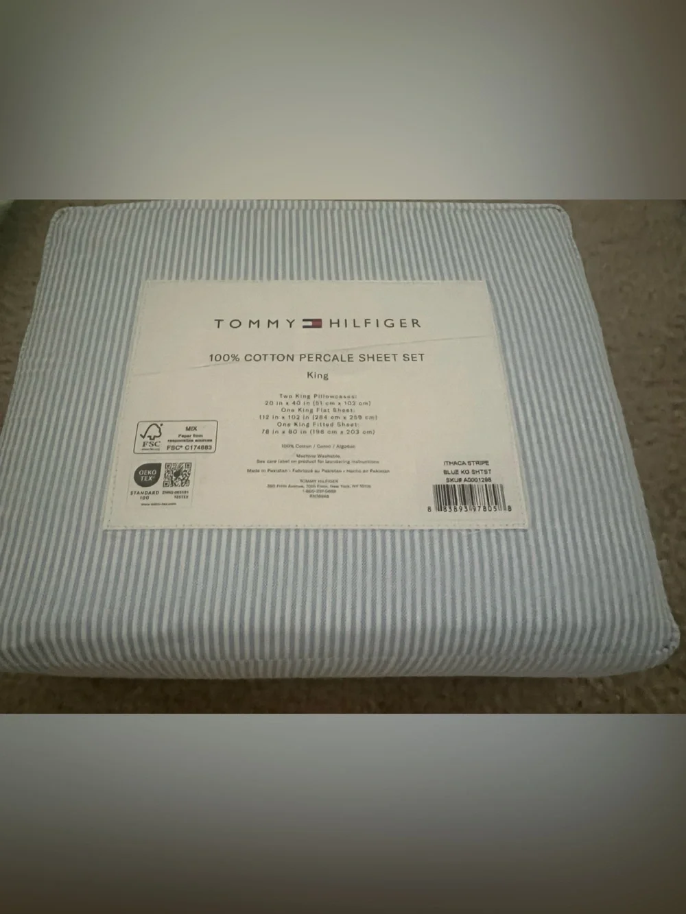 Tommy Hilfiger KING Sheet Set - Ithaca STRIPE Chambray Blue cotton 4pc
